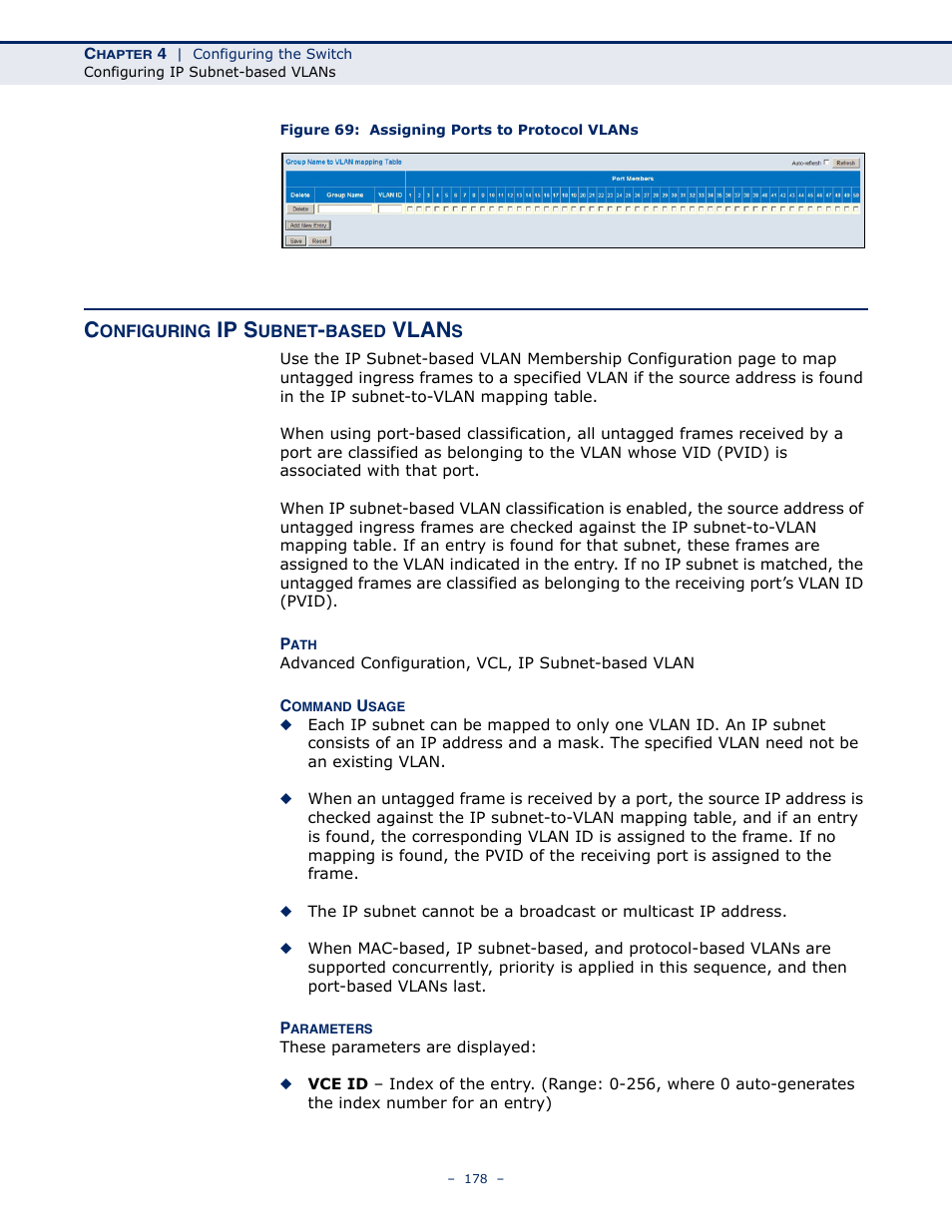Configuring ip subnet-based vlans, Figure 69: assigning ports to protocol vlans, Ip s | Vlan | LevelOne GSW-4876 User Manual | Page 178 / 314