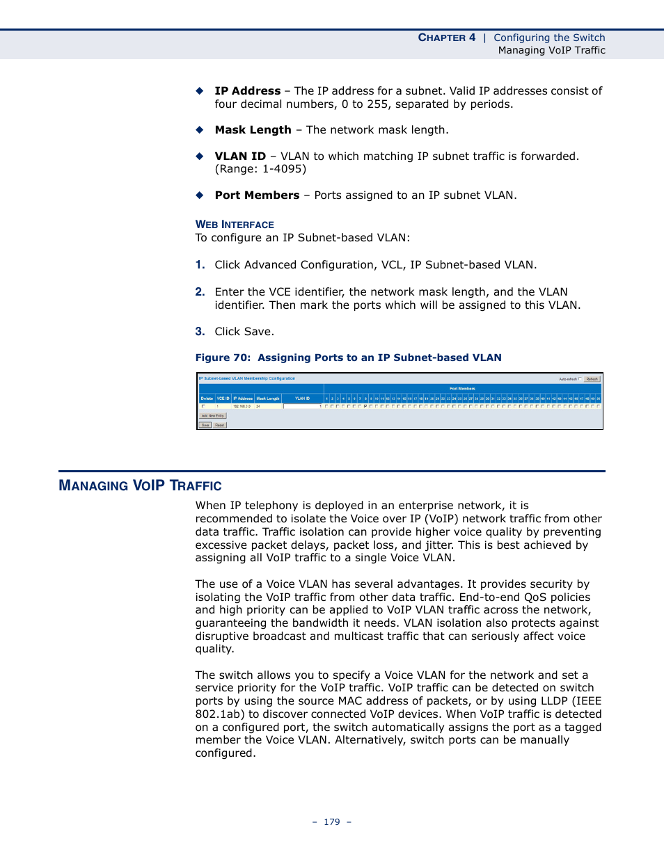 Managing voip traffic, Ip t | LevelOne GSW-4876 User Manual | Page 179 / 314