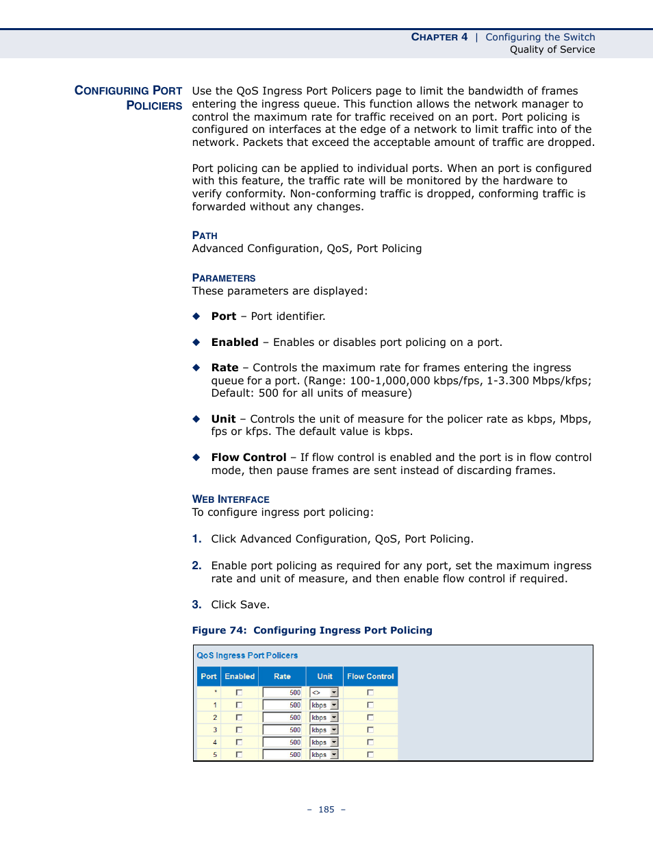 Configuring port policiers, Figure 74: configuring ingress port policing | LevelOne GSW-4876 User Manual | Page 185 / 314