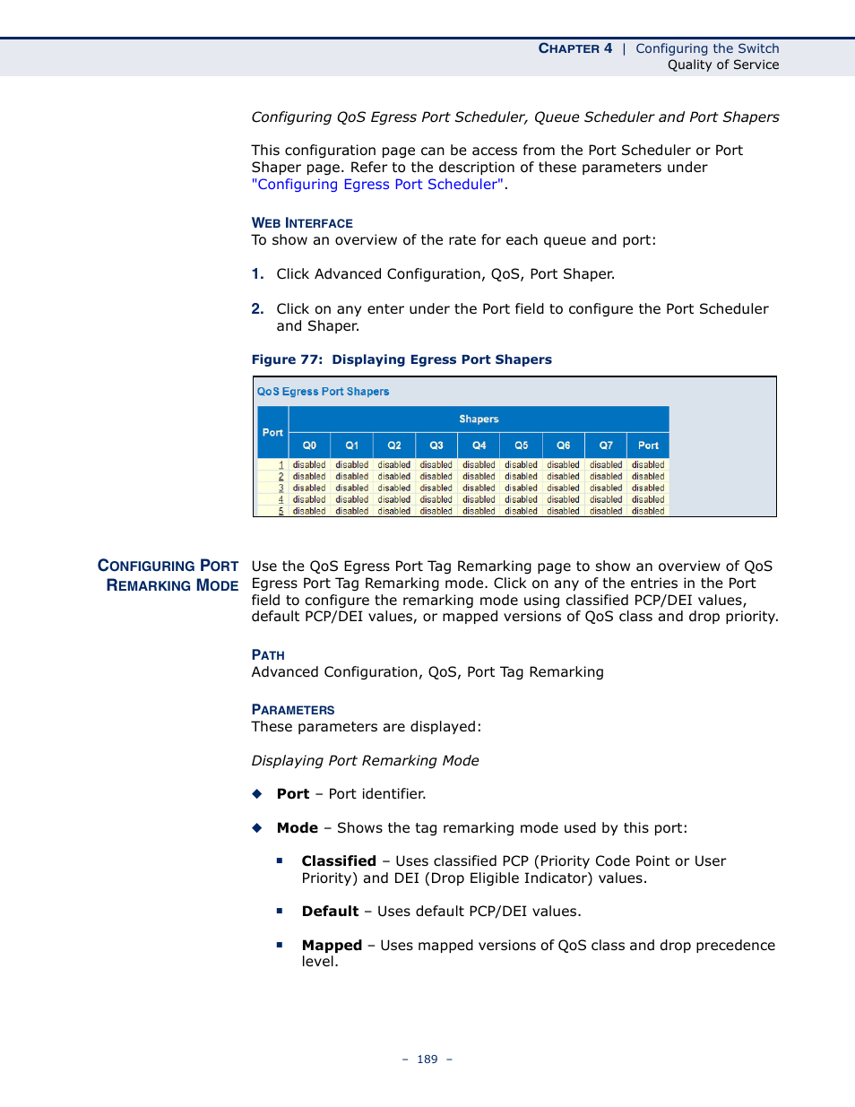 Configuring port remarking mode, Figure 77: displaying egress port shapers | LevelOne GSW-4876 User Manual | Page 189 / 314