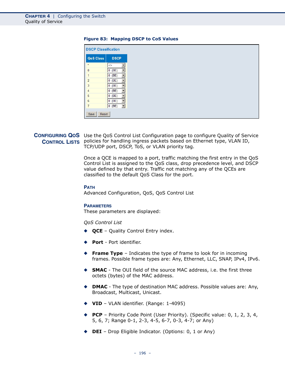Configuring qos control lists, Figure 83: mapping dscp to cos values | LevelOne GSW-4876 User Manual | Page 196 / 314
