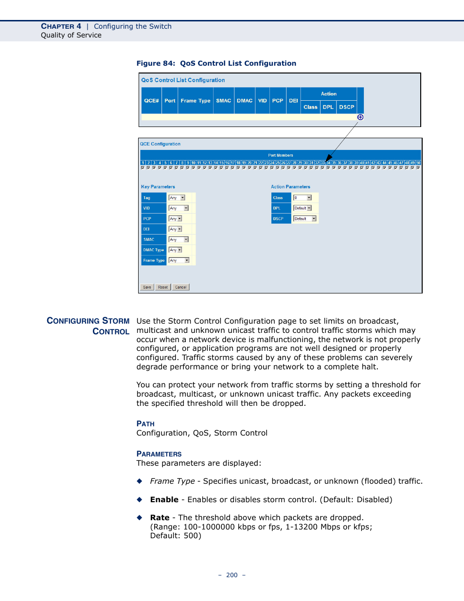 Configuring storm control, Figure 84: qos control list configuration | LevelOne GSW-4876 User Manual | Page 200 / 314