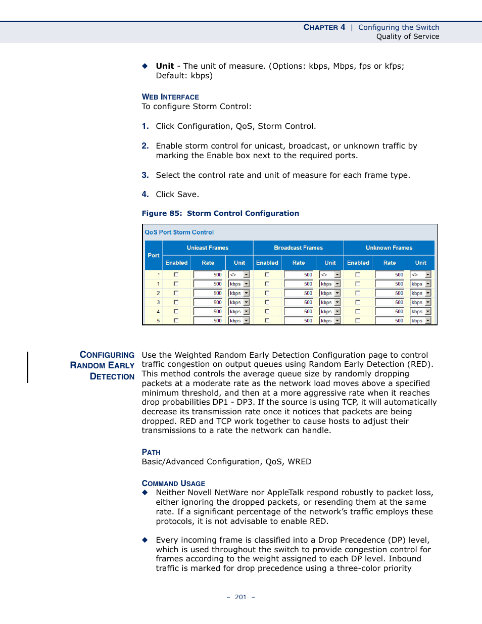 Configuring random early detection, Figure 85: storm control configuration | LevelOne GSW-4876 User Manual | Page 201 / 314