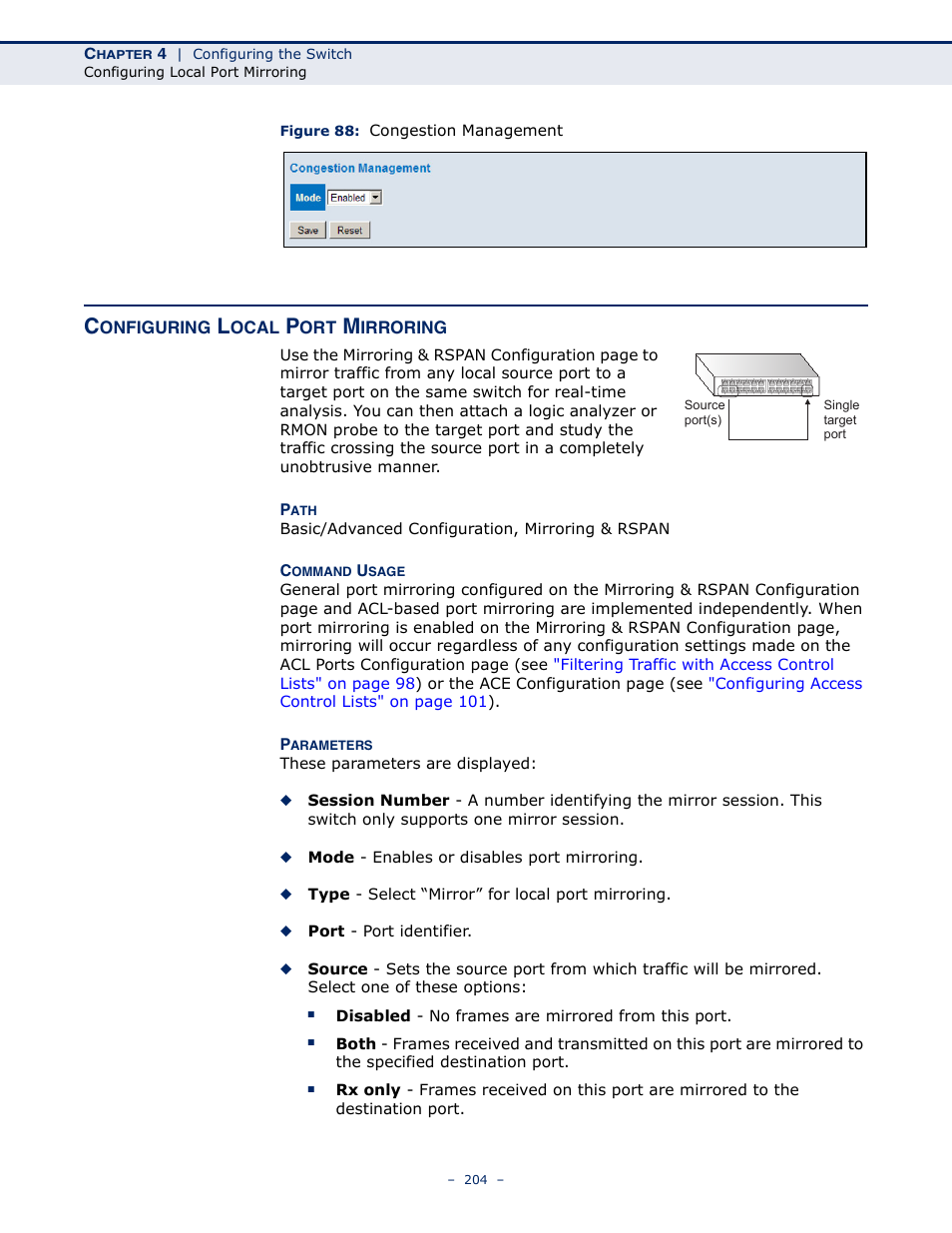 Configuring local port mirroring, Figure 88: congestion management | LevelOne GSW-4876 User Manual | Page 204 / 314
