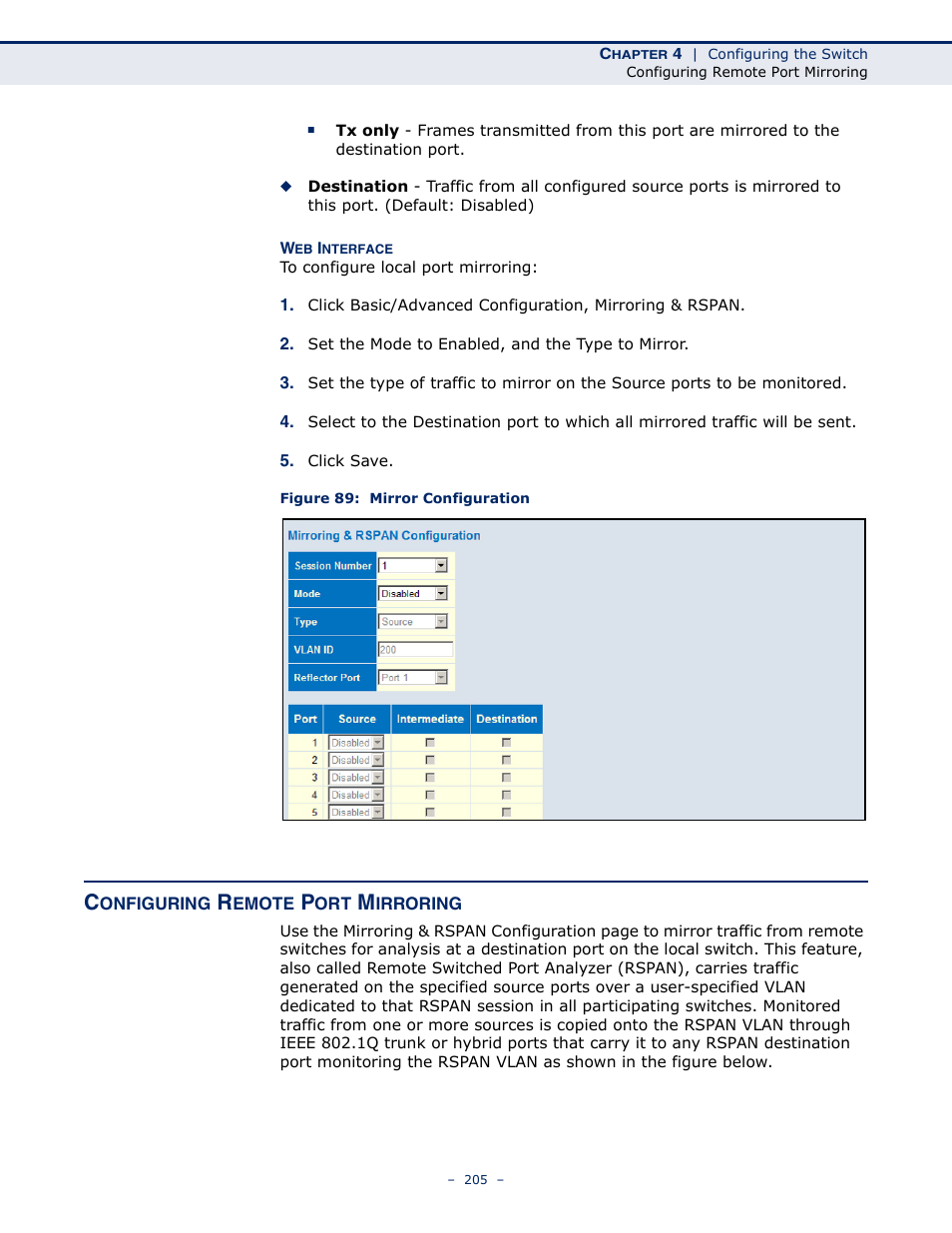 Configuring remote port mirroring, Figure 89: mirror configuration | LevelOne GSW-4876 User Manual | Page 205 / 314