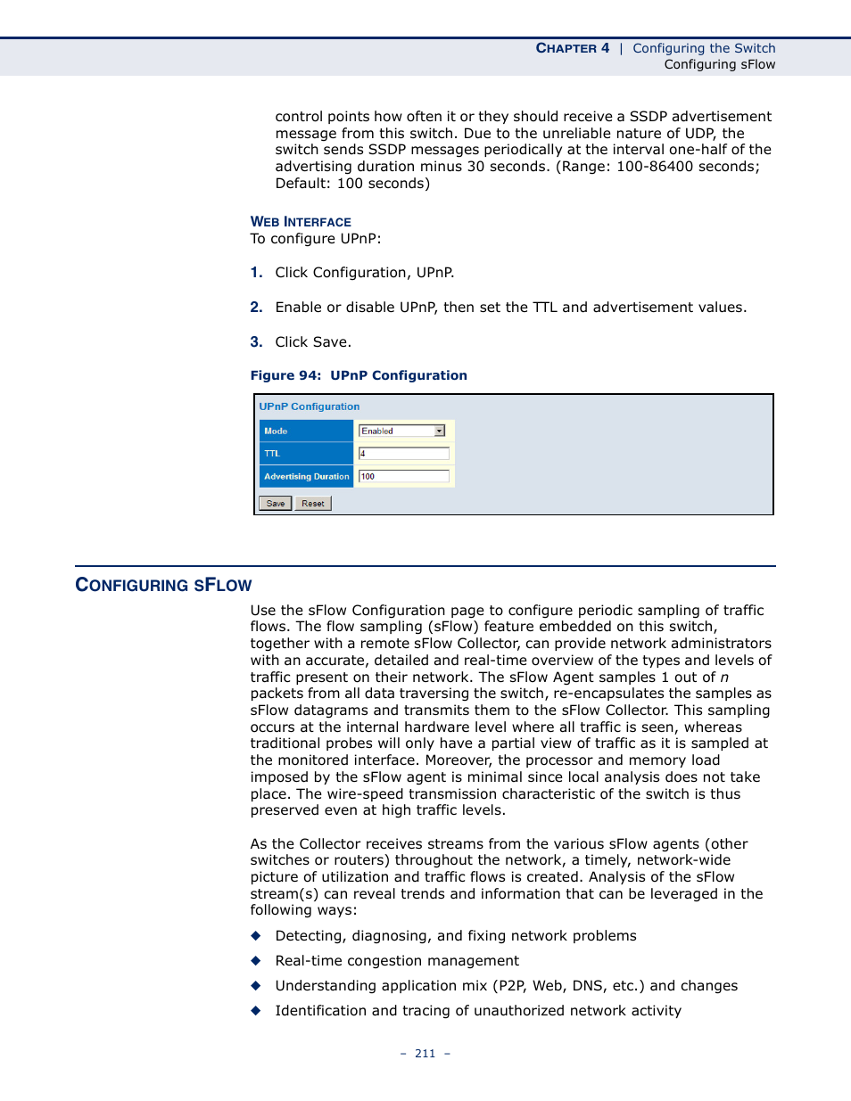 Configuring sflow, Figure 94: upnp configuration | LevelOne GSW-4876 User Manual | Page 211 / 314