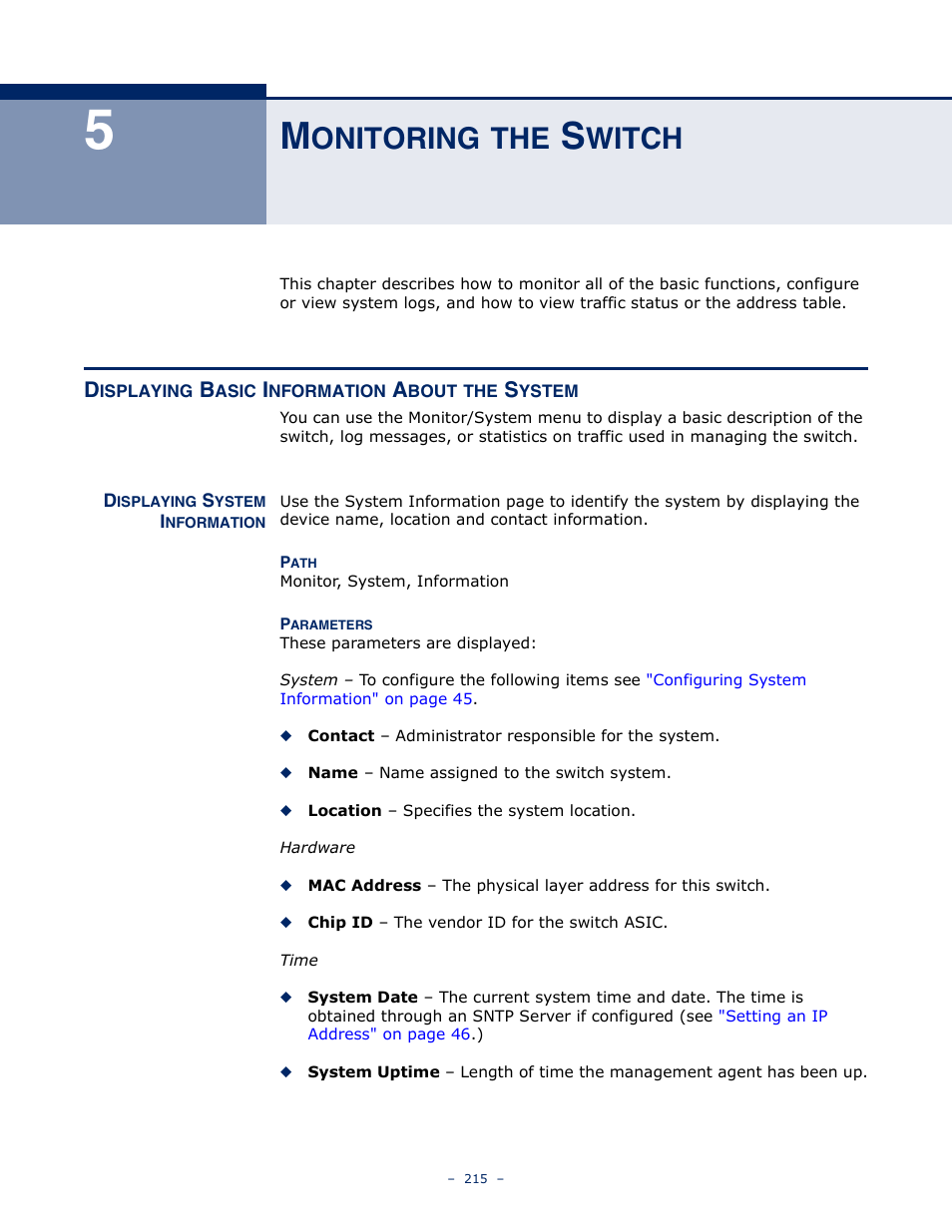 Monitoring the switch, Displaying basic information about the system, Displaying system information | Onitoring, Witch | LevelOne GSW-4876 User Manual | Page 215 / 314