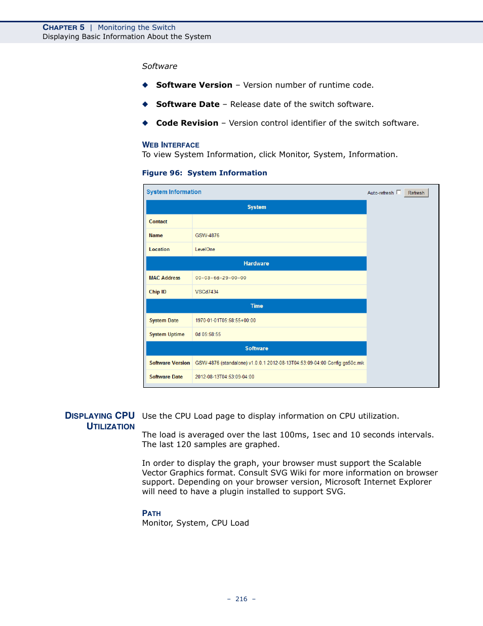 Displaying cpu utilization, Figure 96: system information | LevelOne GSW-4876 User Manual | Page 216 / 314