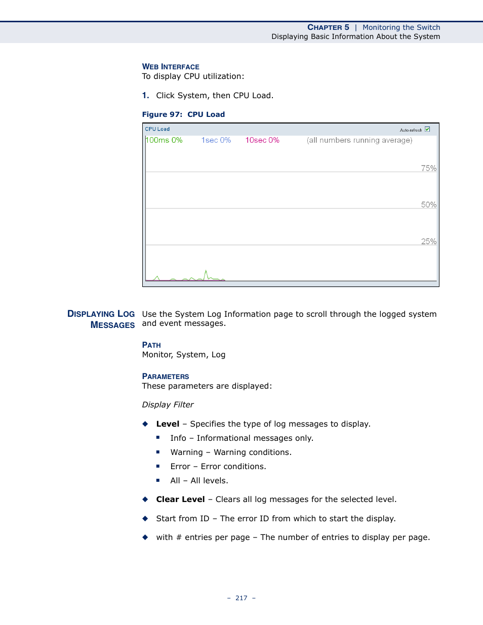 Displaying log messages, Figure 97: cpu load | LevelOne GSW-4876 User Manual | Page 217 / 314