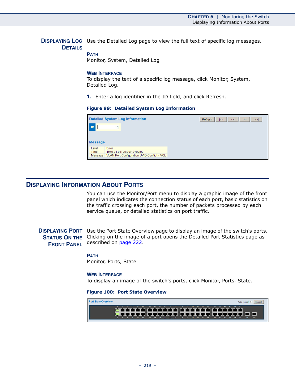 Displaying log details, Displaying information about ports, Displaying port status on the front panel | Figure 99: detailed system log information, Figure 100: port state overview | LevelOne GSW-4876 User Manual | Page 219 / 314