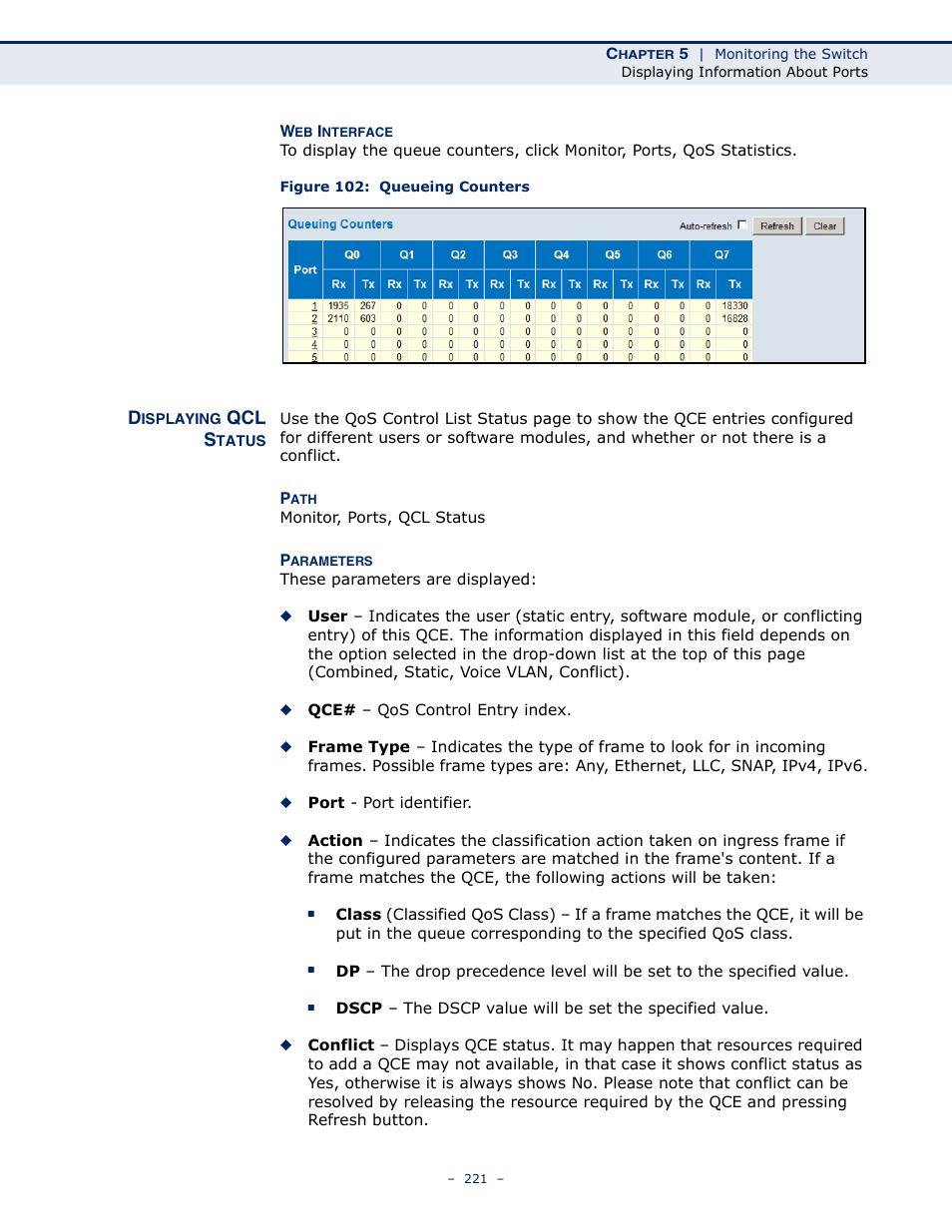 Displaying qcl status, Figure 102: queueing counters, Qcl s | LevelOne GSW-4876 User Manual | Page 221 / 314