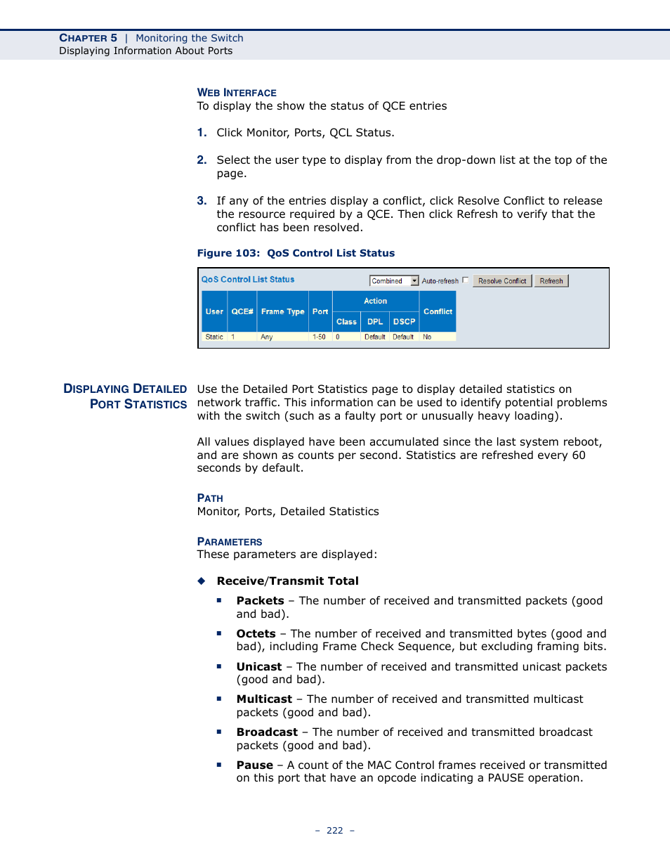 Displaying detailed port statistics, Figure 103: qos control list status | LevelOne GSW-4876 User Manual | Page 222 / 314