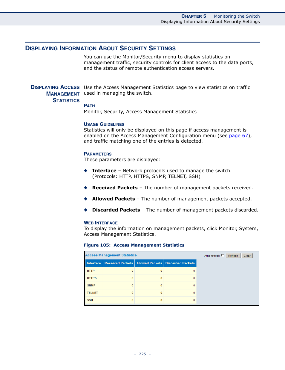 Displaying information about security settings, Displaying access management statistics, Figure 105: access management statistics | LevelOne GSW-4876 User Manual | Page 225 / 314