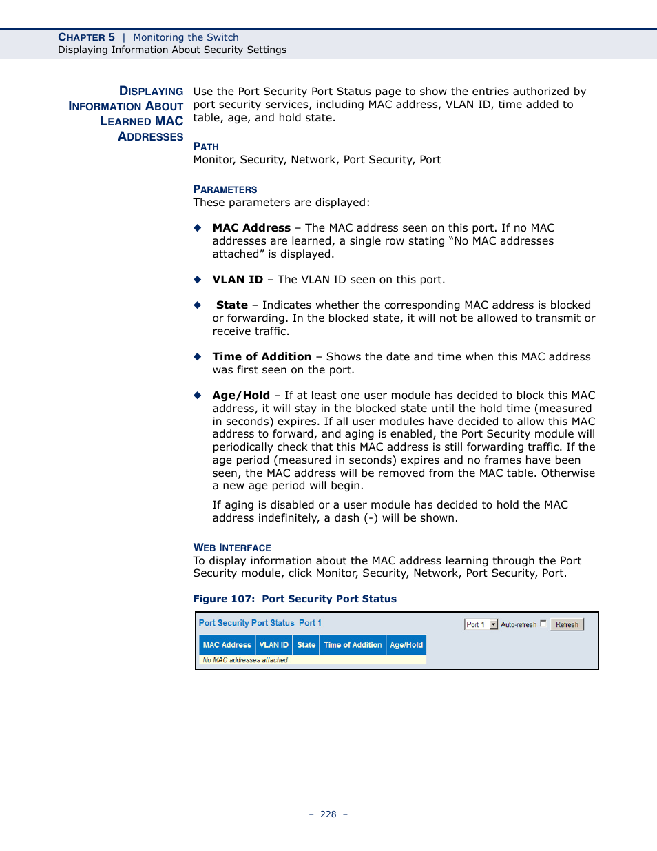 Displaying information about learned mac addresses, Figure 107: port security port status | LevelOne GSW-4876 User Manual | Page 228 / 314