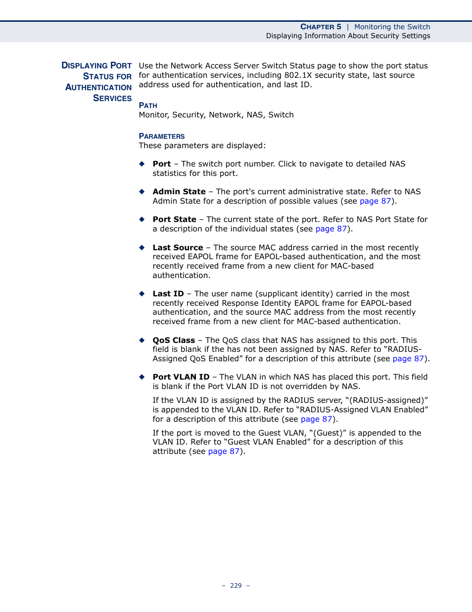 Displaying port status for authentication services | LevelOne GSW-4876 User Manual | Page 229 / 314