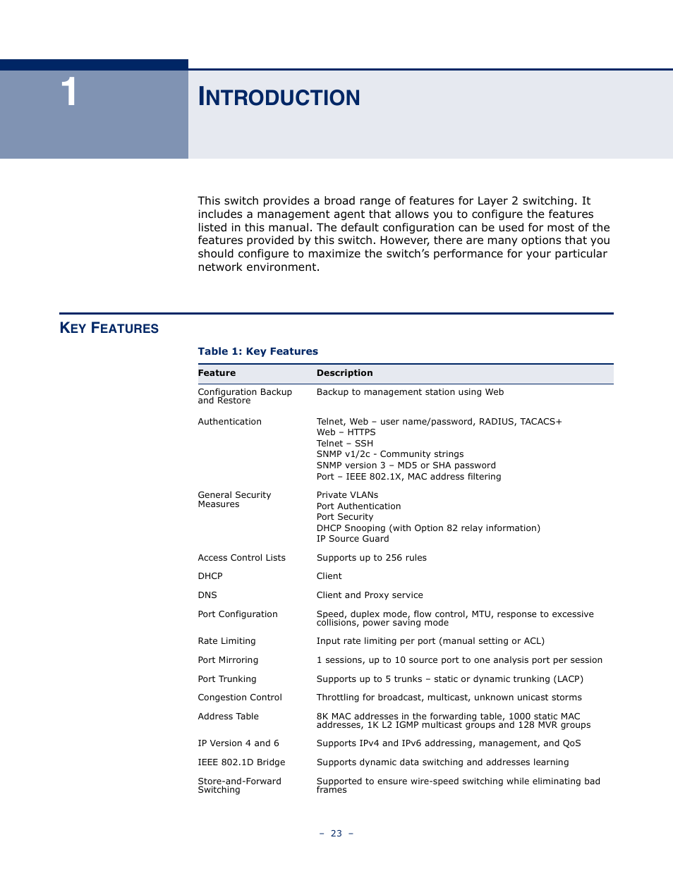 Introduction, Key features, Ntroduction | Table 1: key features | LevelOne GSW-4876 User Manual | Page 23 / 314
