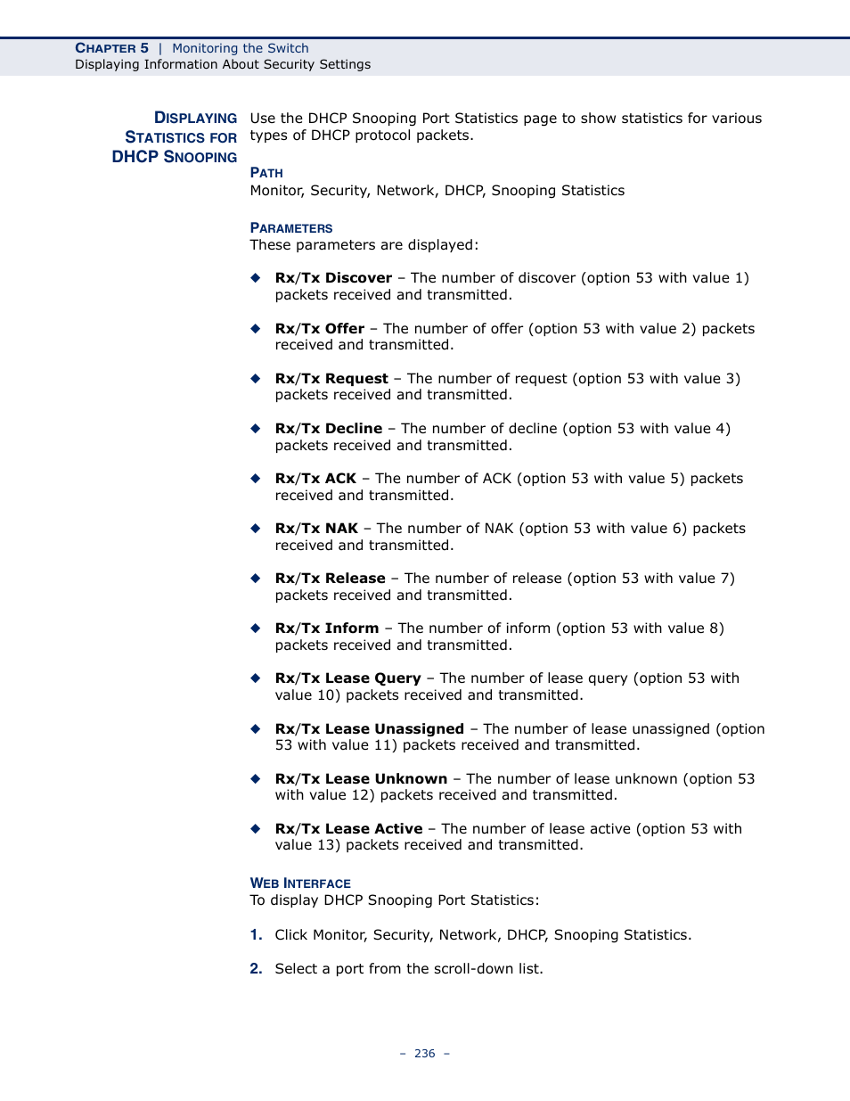 Displaying statistics for dhcp snooping | LevelOne GSW-4876 User Manual | Page 236 / 314