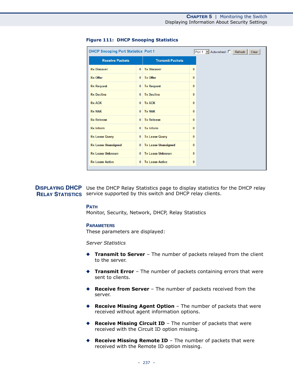Displaying dhcp relay statistics, Figure 111: dhcp snooping statistics | LevelOne GSW-4876 User Manual | Page 237 / 314