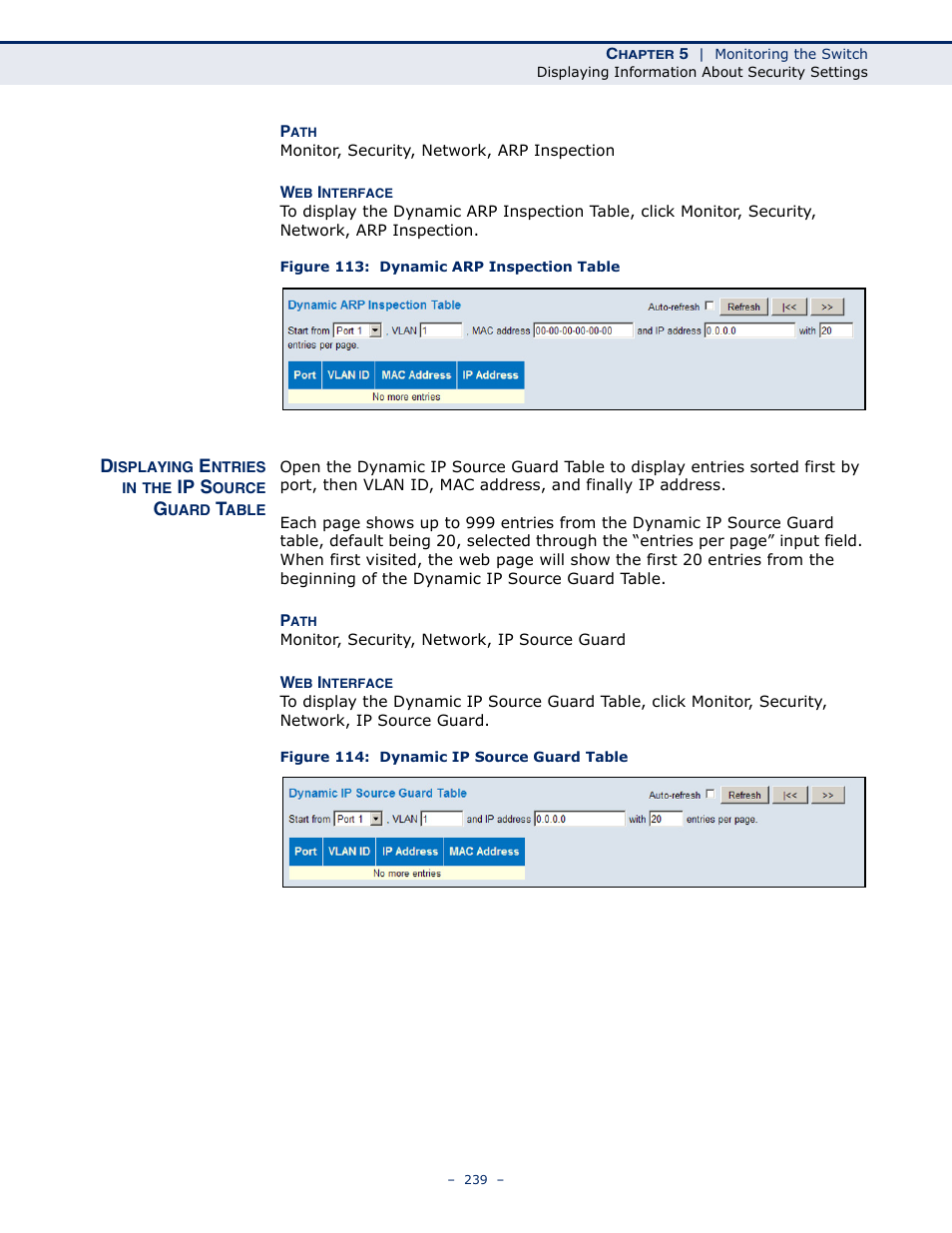 Displaying entries in the ip source guard table, Figure 113: dynamic arp inspection table, Figure 114: dynamic ip source guard table | LevelOne GSW-4876 User Manual | Page 239 / 314