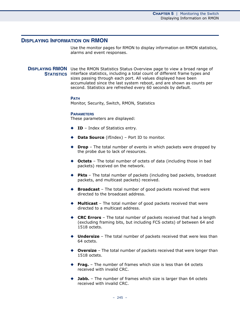 Displaying information on rmon, Displaying rmon statistics, Rmon | LevelOne GSW-4876 User Manual | Page 245 / 314