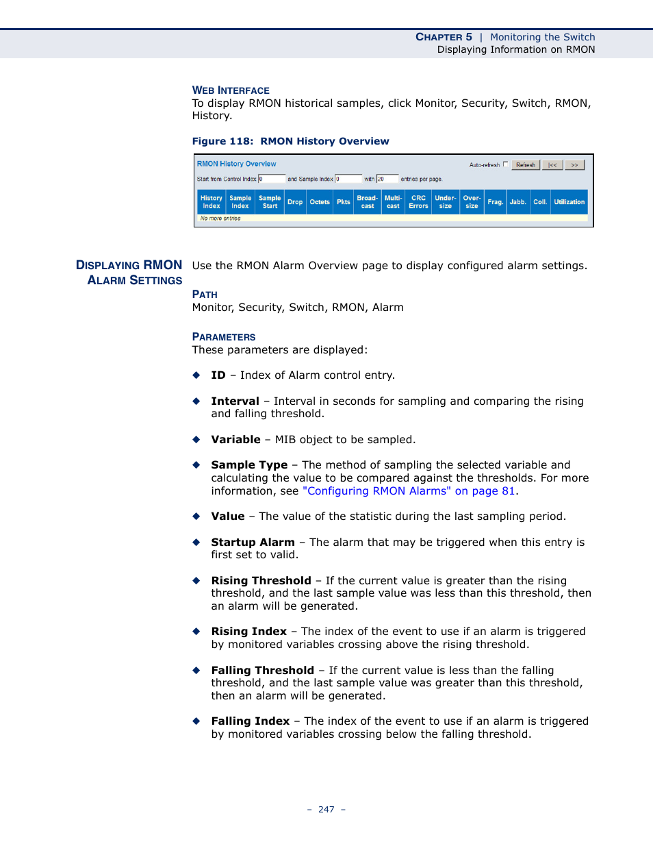 Displaying rmon alarm settings, Figure 118: rmon history overview | LevelOne GSW-4876 User Manual | Page 247 / 314