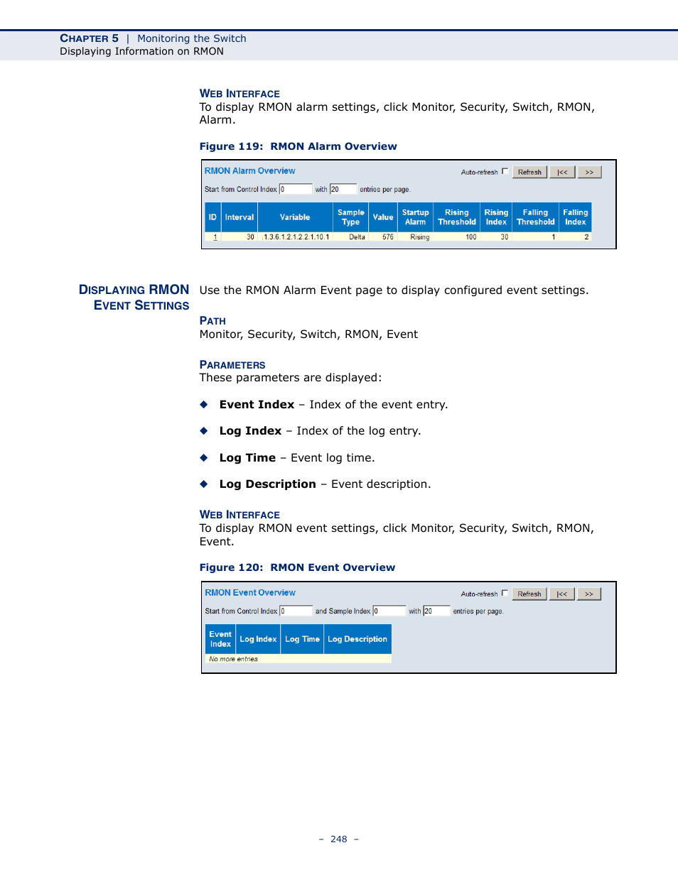 Displaying rmon event settings, Figure 119: rmon alarm overview, Figure 120: rmon event overview | LevelOne GSW-4876 User Manual | Page 248 / 314