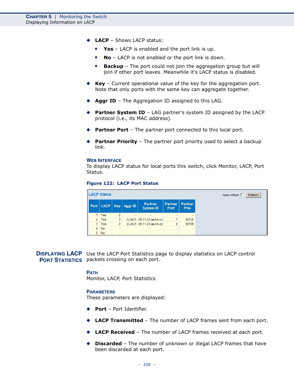 Displaying lacp port statistics, Figure 122: lacp port status | LevelOne GSW-4876 User Manual | Page 250 / 314