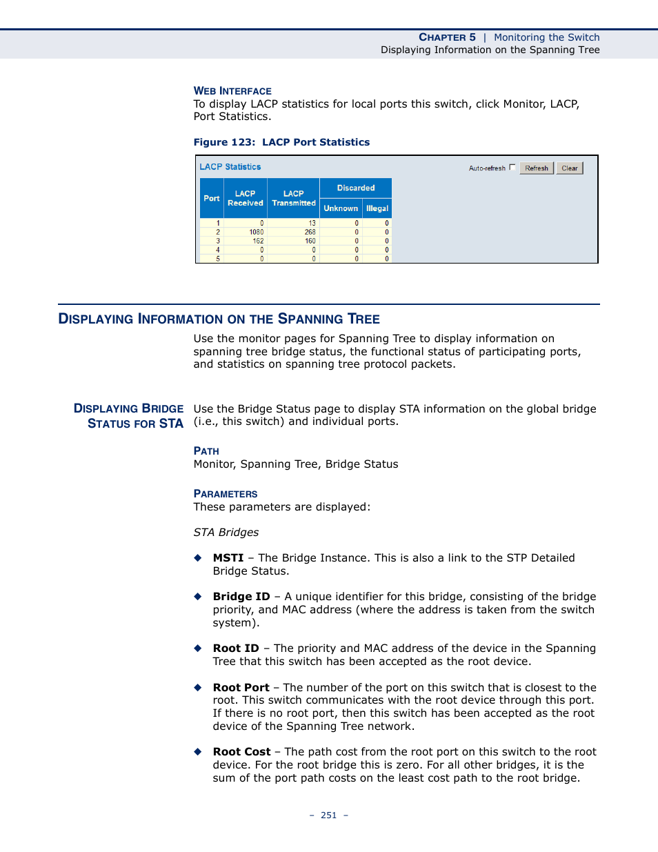 Displaying information on the spanning tree, Displaying bridge status for sta, Figure 123: lacp port statistics | LevelOne GSW-4876 User Manual | Page 251 / 314