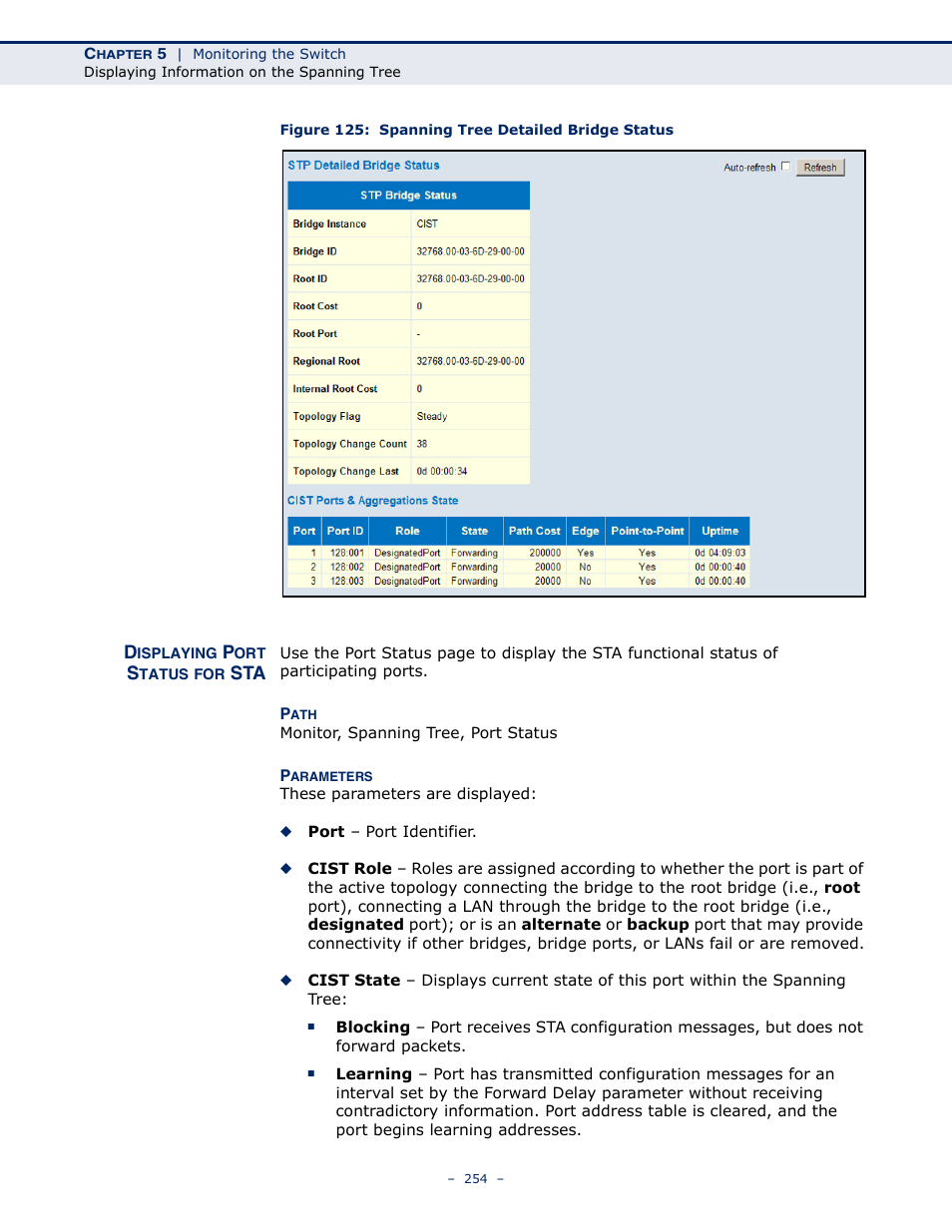Displaying port status for sta, Figure 125: spanning tree detailed bridge status | LevelOne GSW-4876 User Manual | Page 254 / 314