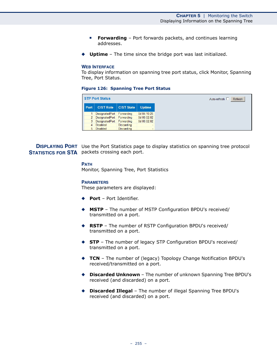 Displaying port statistics for sta, Figure 126: spanning tree port status | LevelOne GSW-4876 User Manual | Page 255 / 314