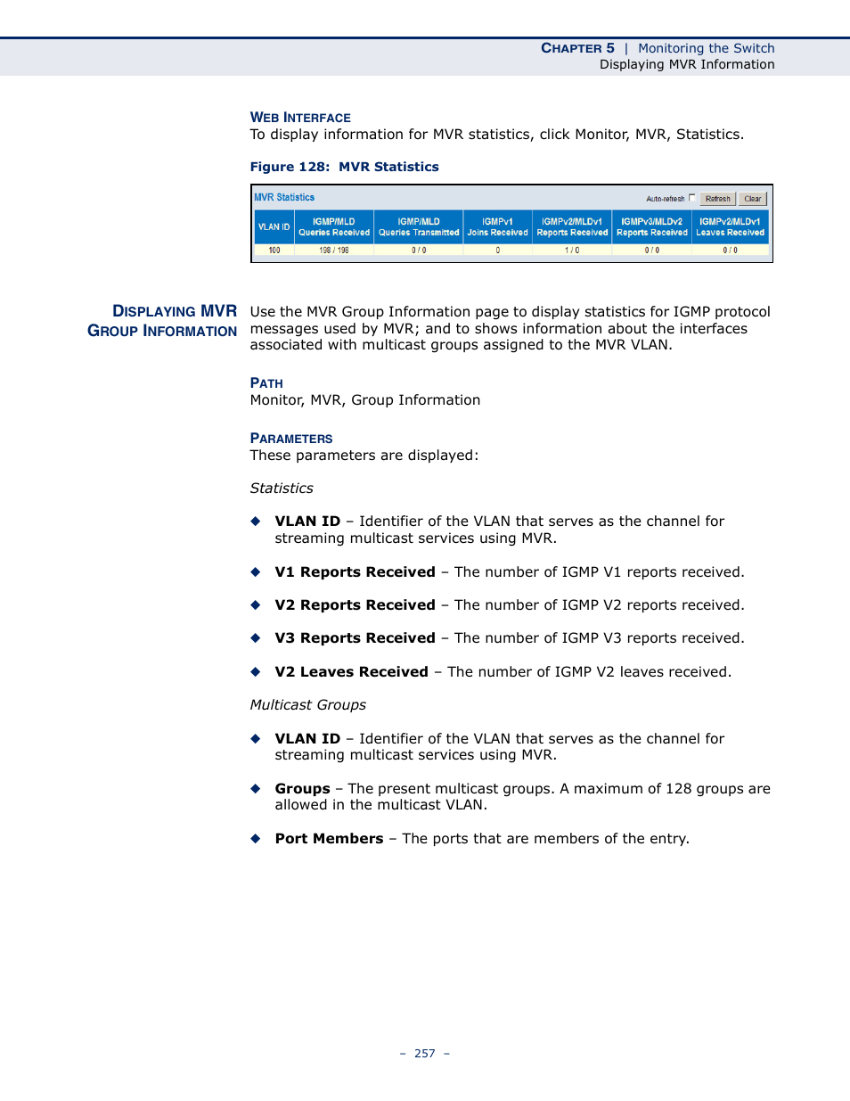 Displaying mvr group information, Figure 128: mvr statistics | LevelOne GSW-4876 User Manual | Page 257 / 314