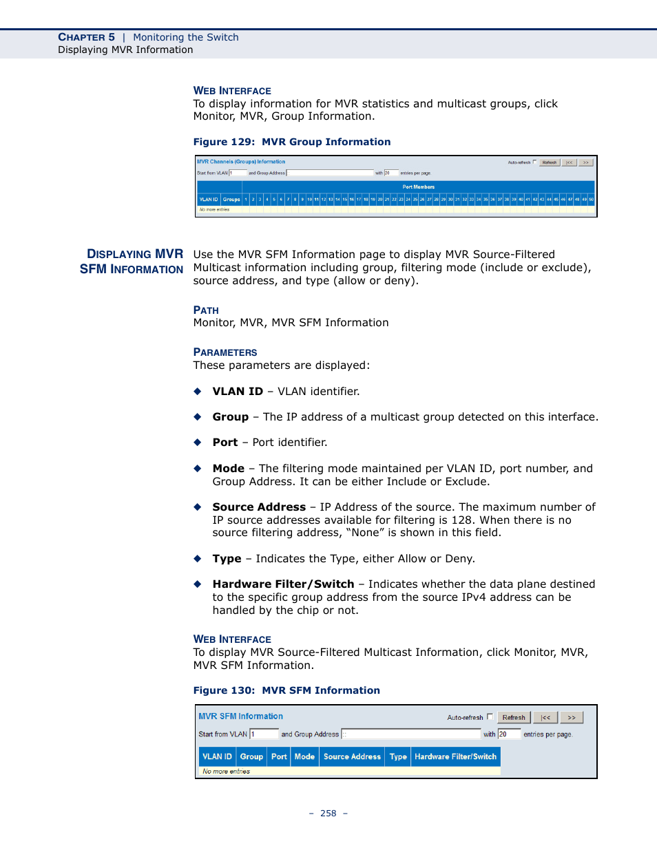 Displaying mvr sfm information, Figure 129: mvr group information, Figure 130: mvr sfm information | LevelOne GSW-4876 User Manual | Page 258 / 314