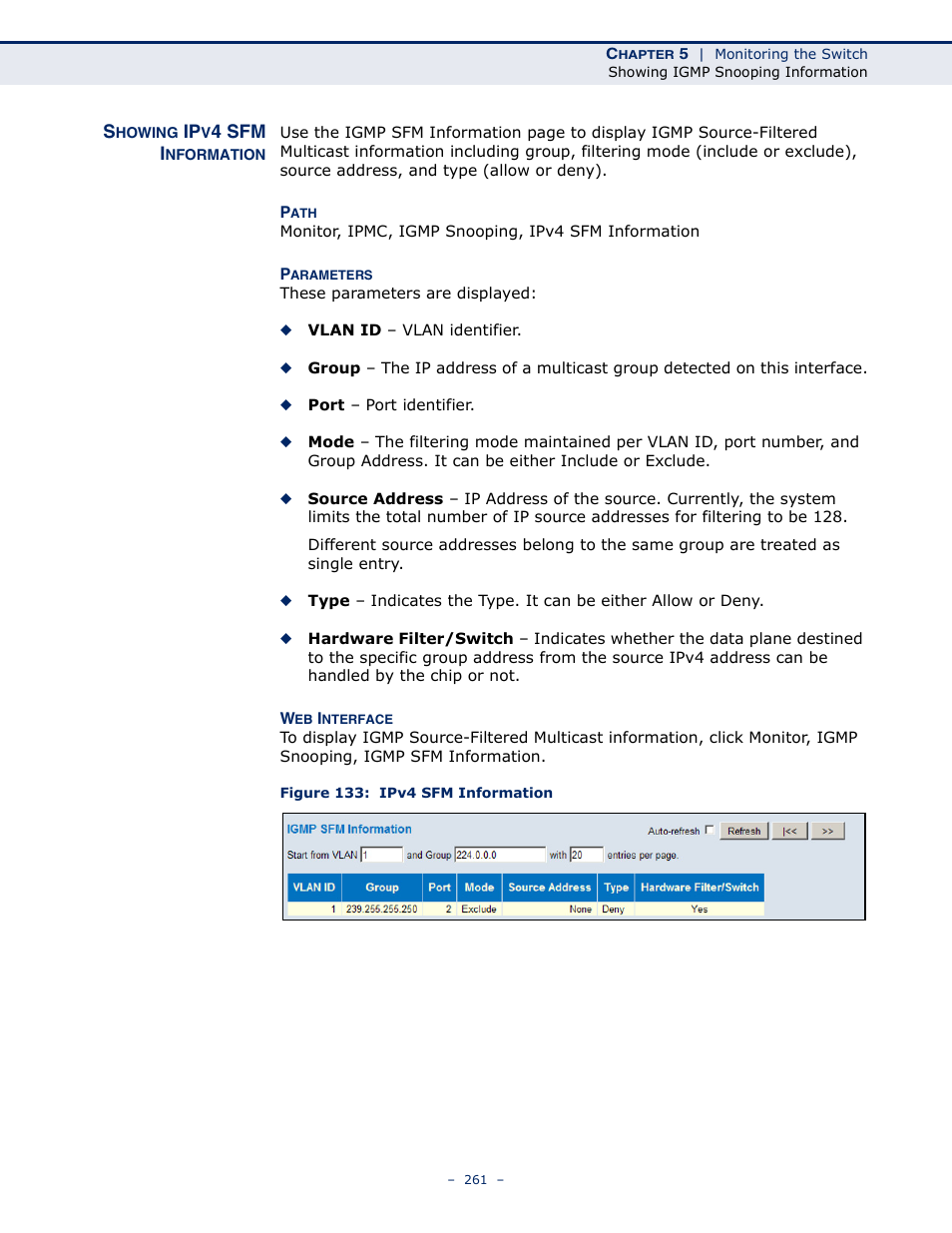 Showing ipv4 sfm information, Figure 133: ipv4 sfm information | LevelOne GSW-4876 User Manual | Page 261 / 314