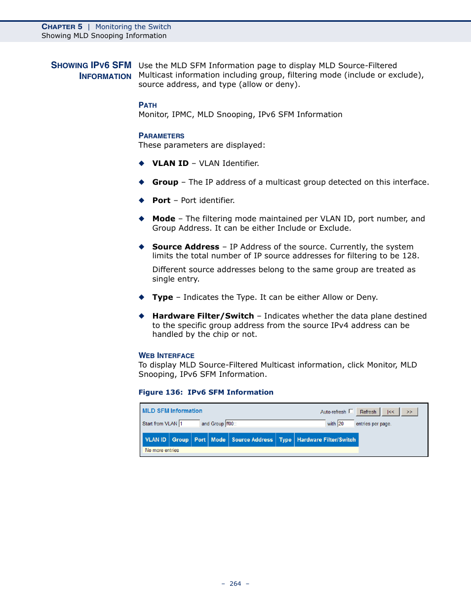 Showing ipv6 sfm information, Figure 136: ipv6 sfm information | LevelOne GSW-4876 User Manual | Page 264 / 314