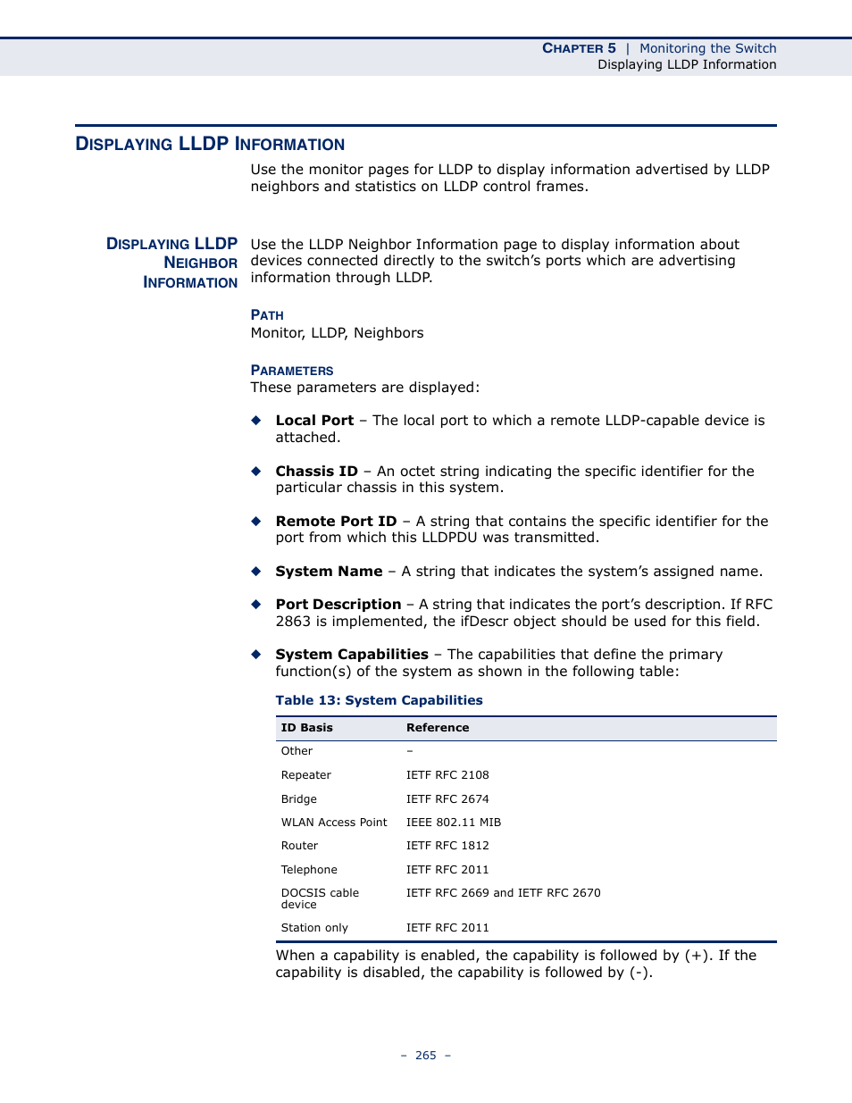 Displaying lldp information, Displaying lldp neighbor information, Table 13: system capabilities | Lldp i, Lldp n | LevelOne GSW-4876 User Manual | Page 265 / 314