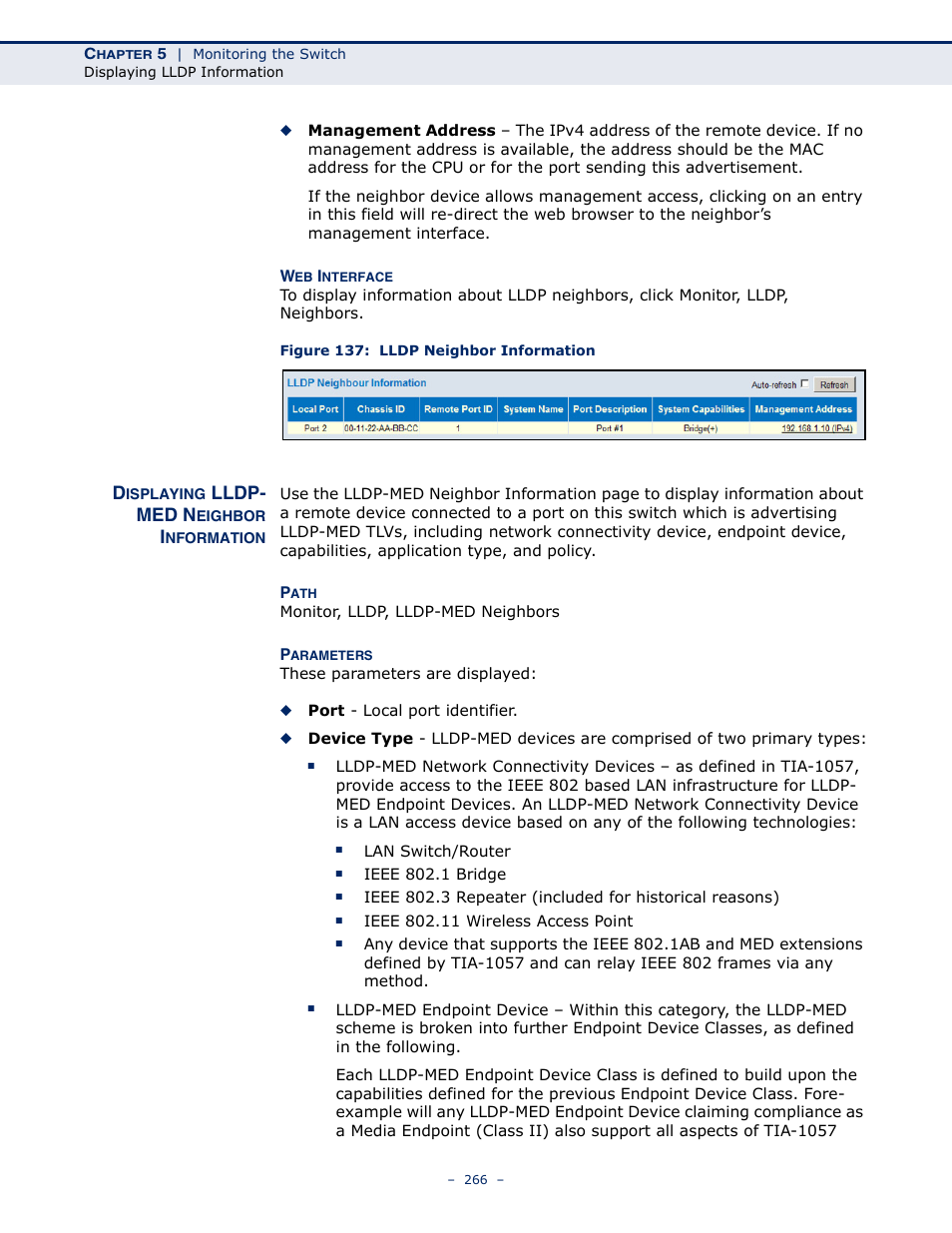 Displaying lldp- med neighbor information, Displaying lldp-med neighbor information, Figure 137: lldp neighbor information | Lldp- med n | LevelOne GSW-4876 User Manual | Page 266 / 314