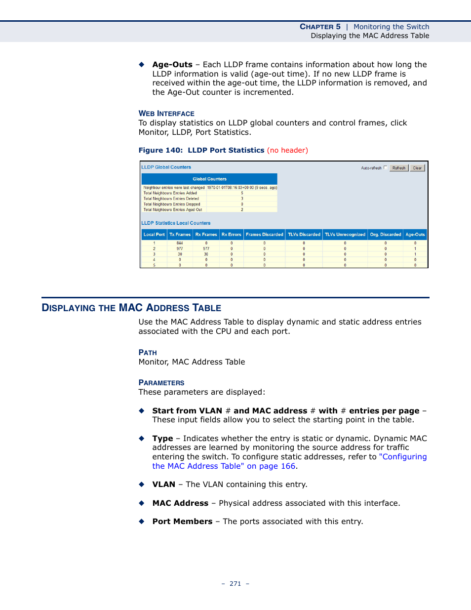 Displaying the mac address table, Figure 140: lldp port statistics (no header), Mac a | LevelOne GSW-4876 User Manual | Page 271 / 314