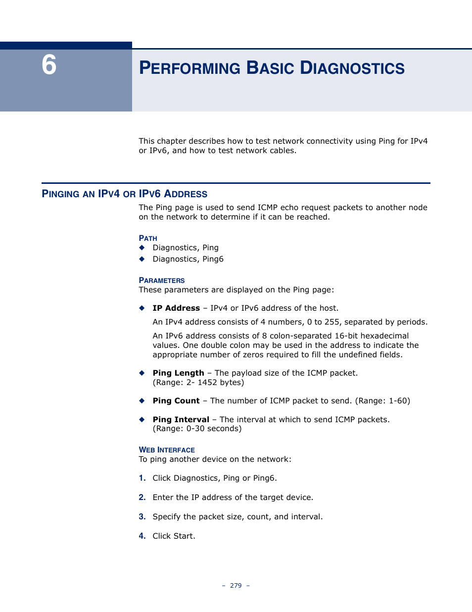 Performing basic diagnostics, Pinging an ipv4 or ipv6 address, Erforming | Asic, Iagnostics | LevelOne GSW-4876 User Manual | Page 279 / 314