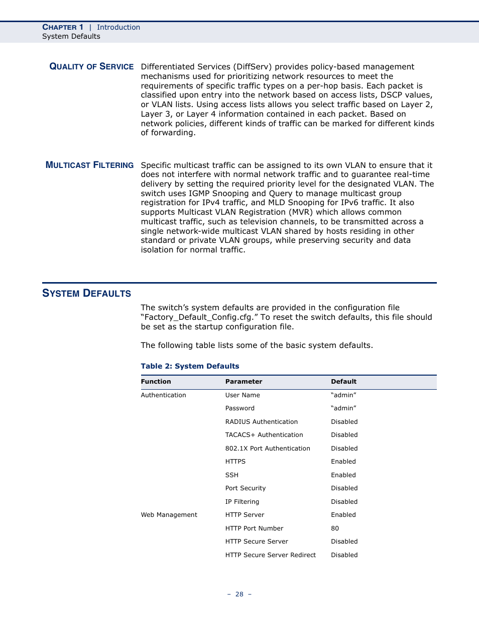 System defaults, Table 2: system defaults | LevelOne GSW-4876 User Manual | Page 28 / 314