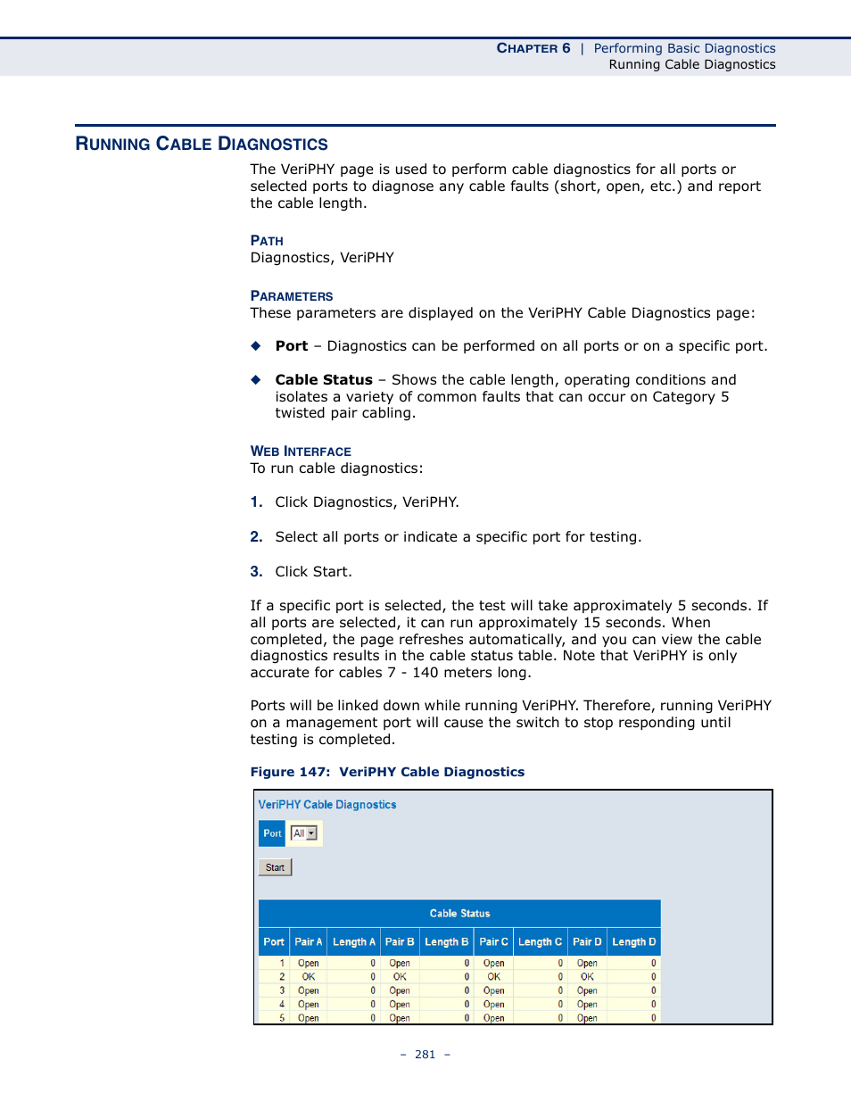 Running cable diagnostics, Figure 147: veriphy cable diagnostics | LevelOne GSW-4876 User Manual | Page 281 / 314