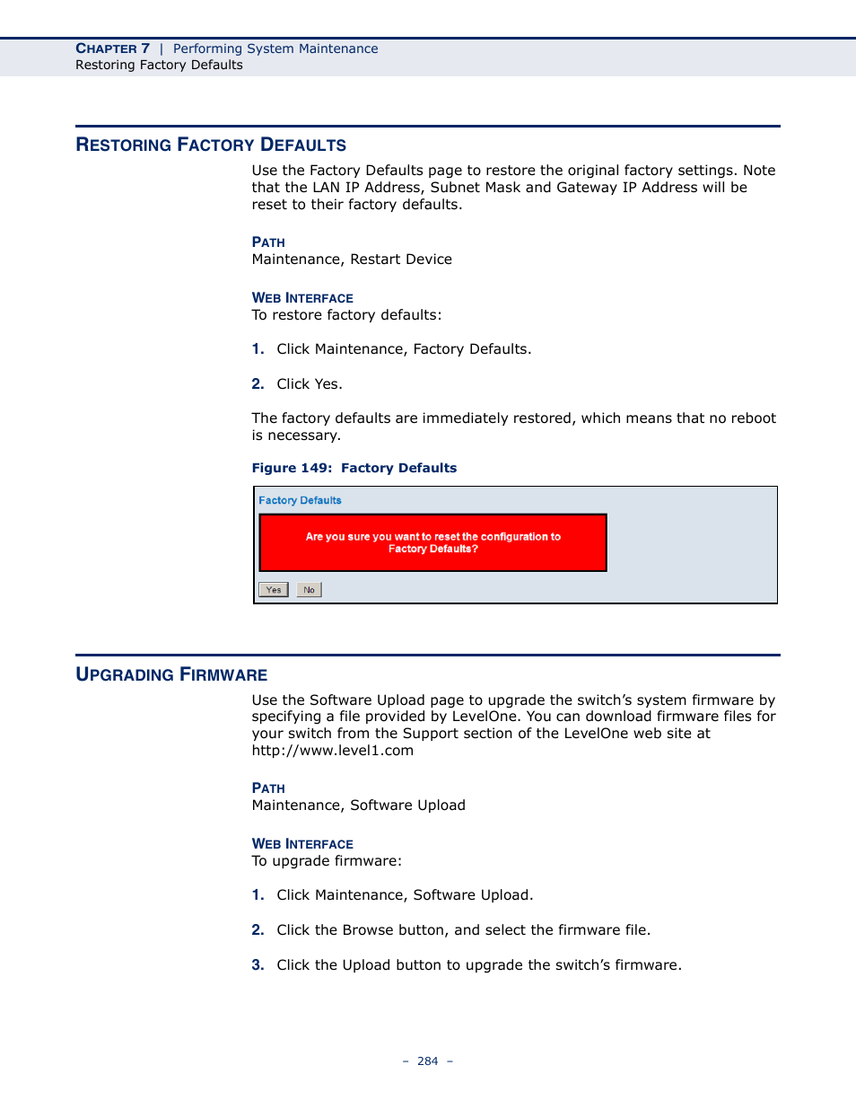 Restoring factory defaults, Upgrading firmware, Figure 149: factory defaults | LevelOne GSW-4876 User Manual | Page 284 / 314