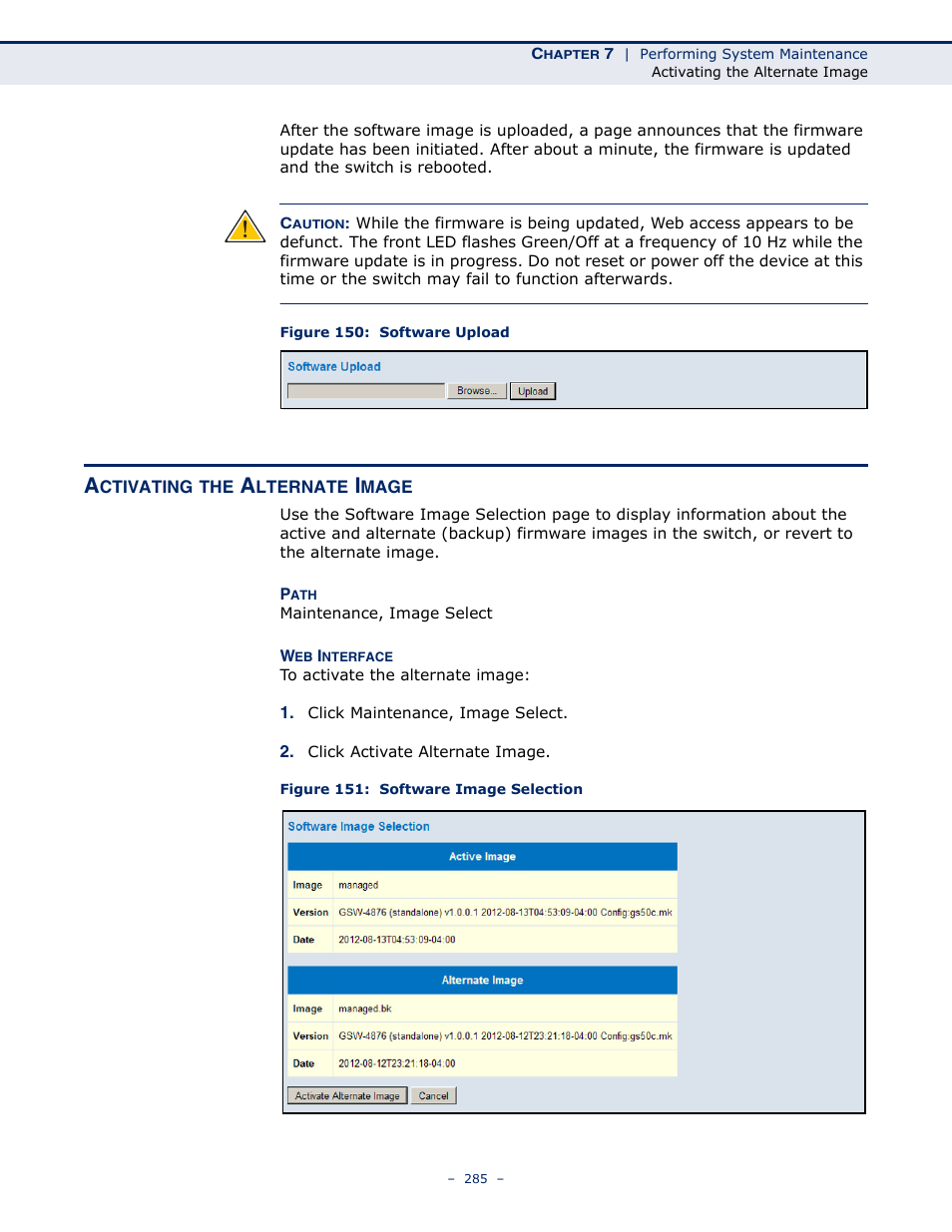 Activating the alternate image, Figure 150: software upload, Figure 151: software image selection | LevelOne GSW-4876 User Manual | Page 285 / 314
