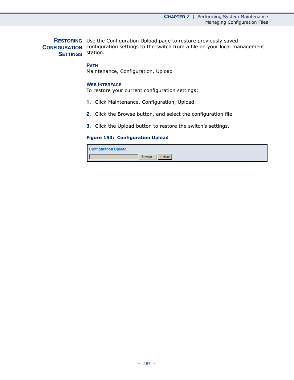 Restoring configuration settings, Figure 153: configuration upload | LevelOne GSW-4876 User Manual | Page 287 / 314