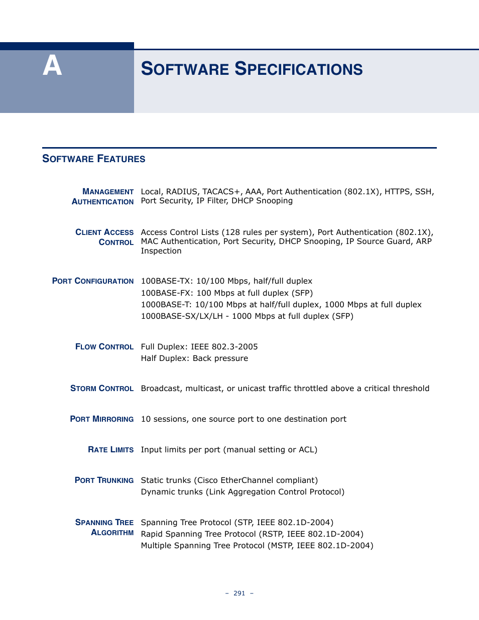 Software specifications, Software features, Oftware | Pecifications | LevelOne GSW-4876 User Manual | Page 291 / 314