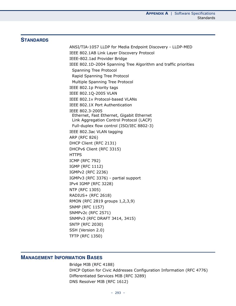 Standards, Management information bases, Standards 293 management information bases | LevelOne GSW-4876 User Manual | Page 293 / 314