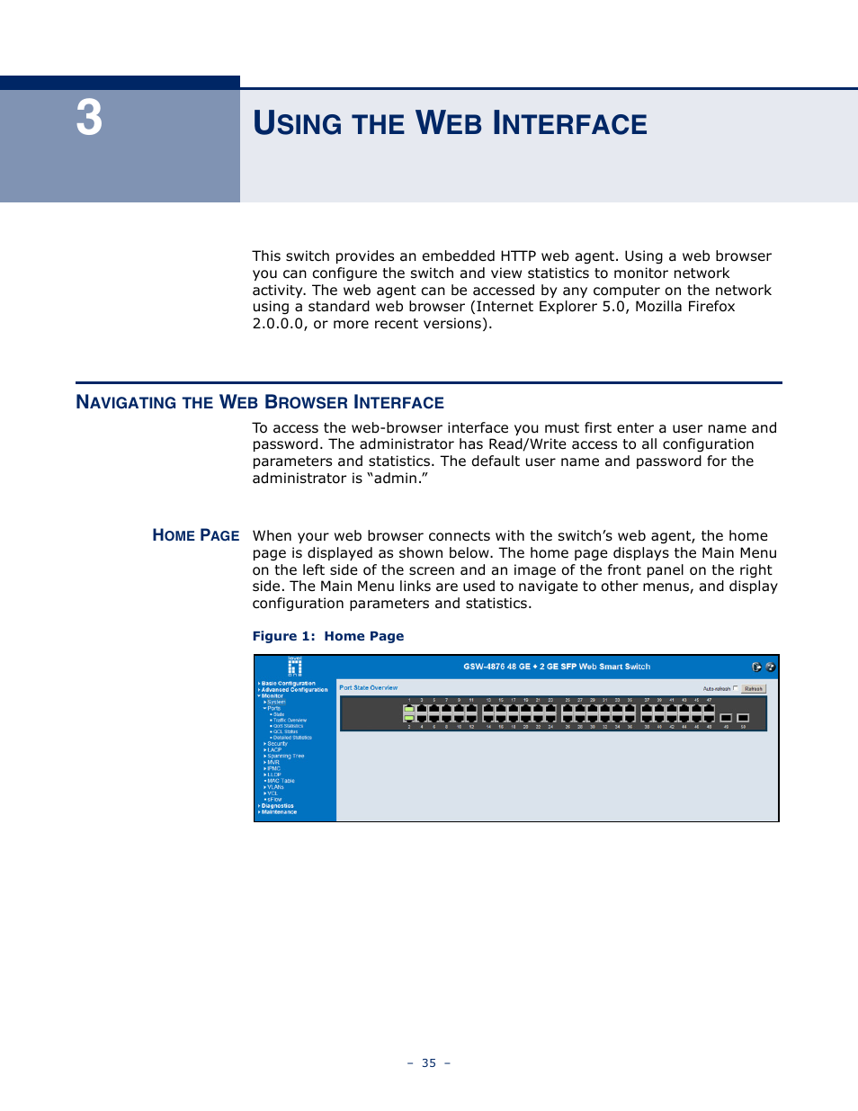 Using the web interface, Navigating the web browser interface, Sing | Nterface | LevelOne GSW-4876 User Manual | Page 35 / 314