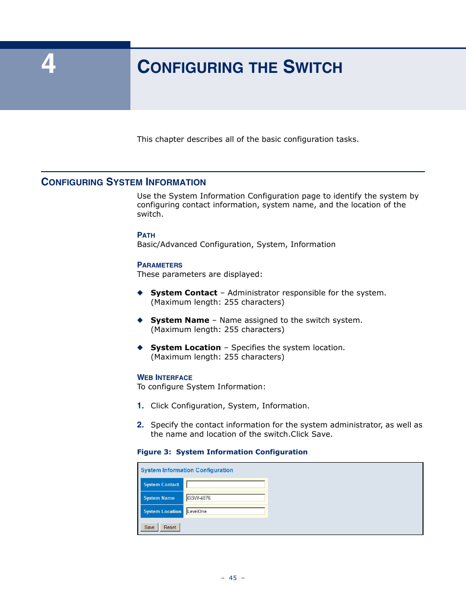Configuring the switch, Configuring system information, Onfiguring | Witch, Figure 3: system information configuration | LevelOne GSW-4876 User Manual | Page 45 / 314