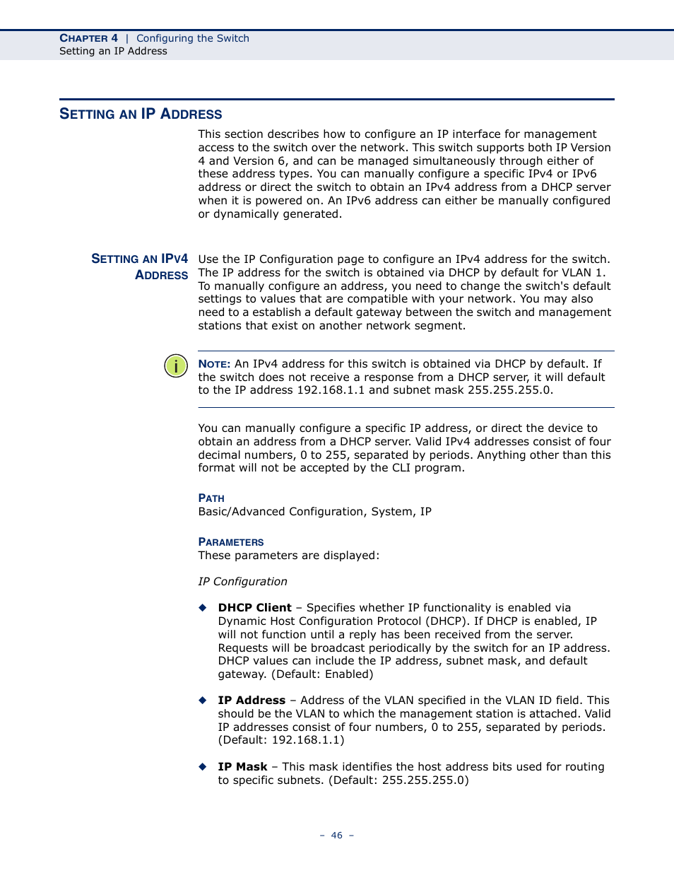 Setting an ip address, Setting an ipv4 address, Ip a | LevelOne GSW-4876 User Manual | Page 46 / 314