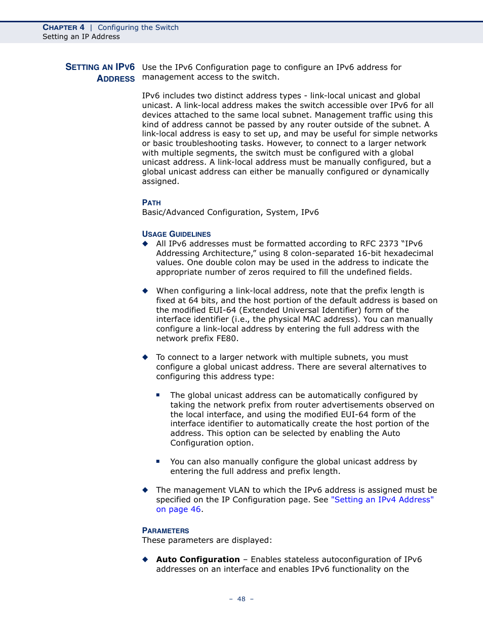 Setting an ipv6 address | LevelOne GSW-4876 User Manual | Page 48 / 314