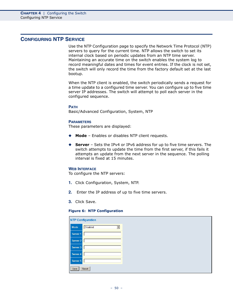 Configuring ntp service, Figure 6: ntp configuration, Ntp s | LevelOne GSW-4876 User Manual | Page 50 / 314